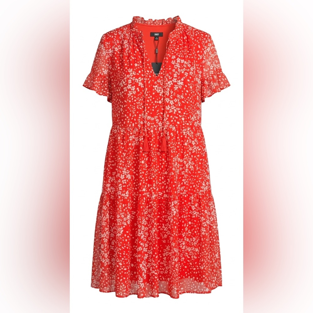 DKNY Red Floral Chiffon Summer Dress size 10 NWT